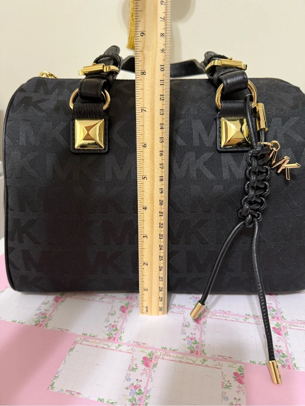 Michael Kors Logo-Print Handbag With Leather Handles And Leather Bag Charm.